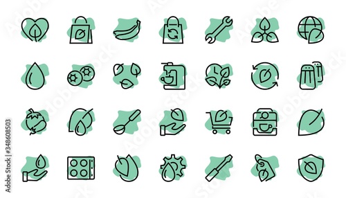 Ecology Icon Set, Vector lines, contains icons such as photosynthesis, Enviroment protection, Eco-friendly package, growth time, Editable stroke, perfect 48x48 pixels, White background