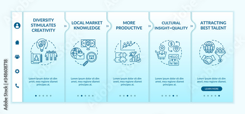 Multi national team onboarding vector template. Different race of coworkers. Teamwork effectiveness. Responsive mobile website with icons. Webpage walkthrough step screens. RGB color concept