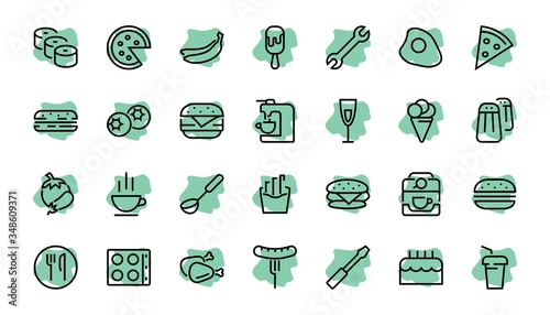   A simple set of fast food icons related to the vector line. Contains icons such as pizza, burger, sushi, bike, scrambled eggs and more. EDITABLE stroke. 480x480 pixels perfect, EPS 10