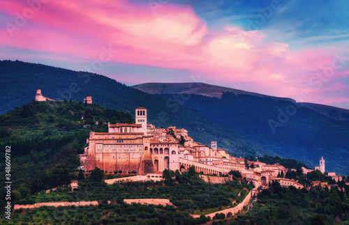 Panoramic views of the magnificent sunset city of Assisi in the Umbria region of Italy.