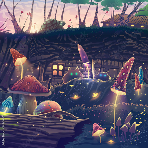 Canvas Print Summer landscape with beautiful magic forest, mushrooms, cats, turtle, fantasy trees, wild animals, flowers, beautiful nature with sunset light, wonderful vector illustration