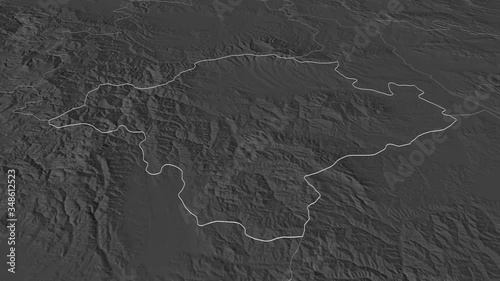 Toplički, district with its capital, zoomed and extruded on the bilevel map of Serbia in the conformal Stereographic projection. Animation 3D photo