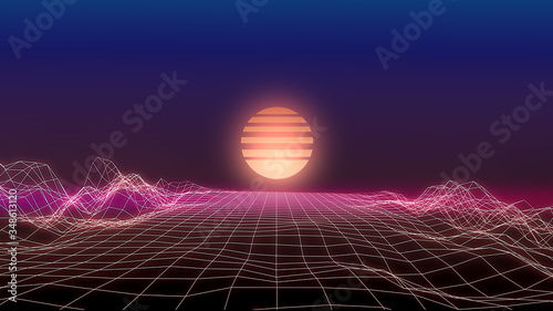 Retro music background. 3D Wireframe mountain terrain on black background. Low Poly Geometric Mountain Landscape. 3d Cyberspace Grid. 80-s style digital wireframe landscape.