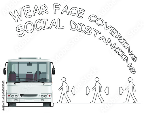 Passengers boarding a bus practicing social distancing and advised to wear face coverings as countries prepare to unlock restrictions due to pandemic isolated on white background 