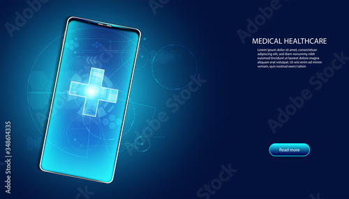Abstract health medical science healthcare digital technology science on smartphone health plus concept modern innovation,Treatment,medicine on hi tech future blue background.