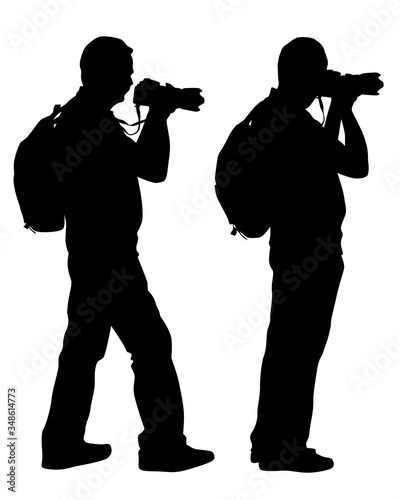 Photograph and photo camera on street. Isolated silhouettes of people on white background