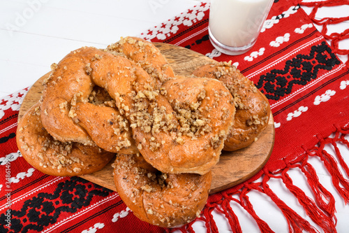 Concept of romanian cuisine. Homemade Mucenici, traditional desserts made in the figure 8 photo
