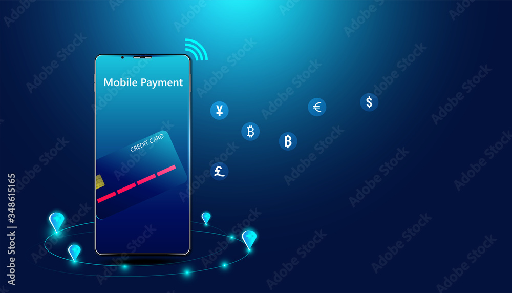abstract mobile payment phone and credit card concept Online payment Via equipment And credit cards for shopping.