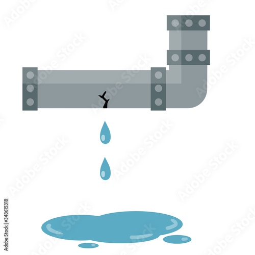 Steel pipe for water. Sewerage and water supply. Mechanical part. Kitchen tube. Home communication system. Cartoon flat illustration. Water leak, spill and blue drops. Broken part.
