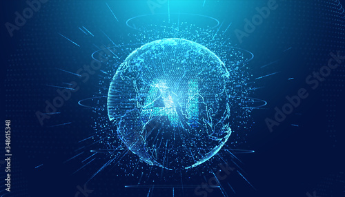 Abstract technology Ai computing and world concept working data of Artificial intelligence and futuristic digital for future on dark blue background.