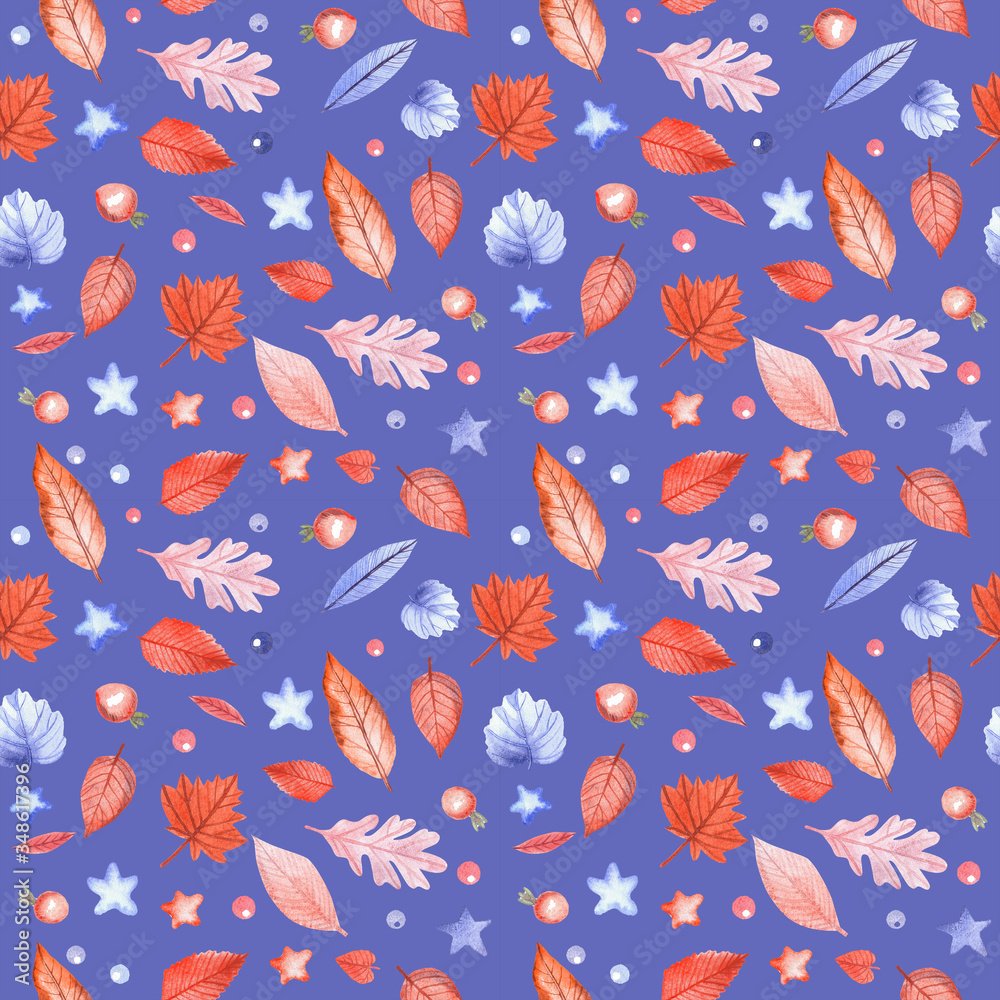 Seamless pattern with autumn leaves and rosehip berries on white background. Hand painted watercolor illustration. Seamless pattern with autumn leaves and rosehip berries on white background. Hand painted watercolor illustration.