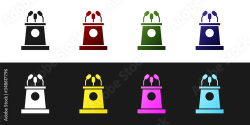 Set Stage stand or debate podium rostrum icon isolated on black and white background. Conference speech tribune. Vector