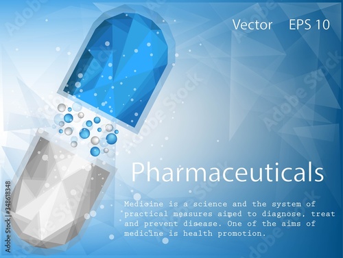 Medical design for the design of hospitals and sites. Medicines, tablets, pills on a blue background.
Stock vector.