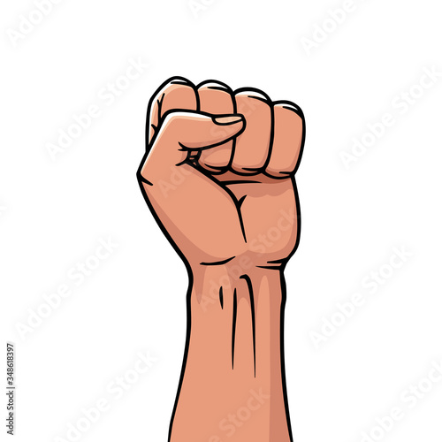 Winner rised clenched fist. Logo label design, concept of win. Human hand up in the air. Back side. Vector illustration