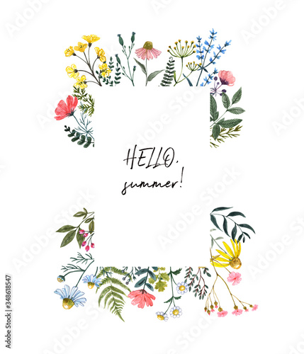 Watercolor wildflower border, isolated on white background. Beautiful summer ...