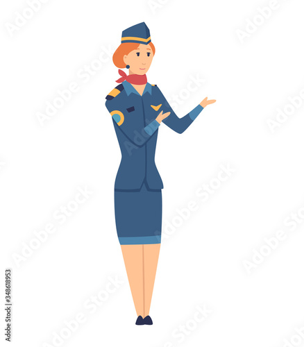Smiling civilian aircraft stewardess dressed in uniform. Cheerful female cartoon character isolated on white background. Colorful vector illustration in flat style