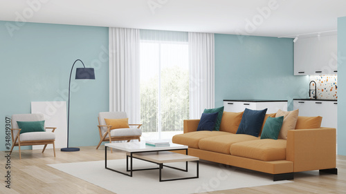 Modern bedroom interior with blue walls and a yellow sofa. Neo Memphis style interior. 3D rendering.