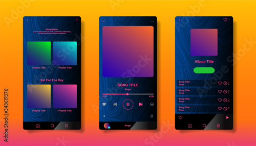 Social media network inspired by Spotify. Music player interface by subscription. Profile, Album, Song, Playlist mockup. Black apple music screen. Vector illustration.