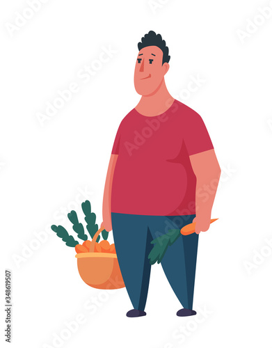 Happy man gardener or farmer with carrot in basket on a white background. Cartoon character of man farming concept illustration. Design element of a private farm