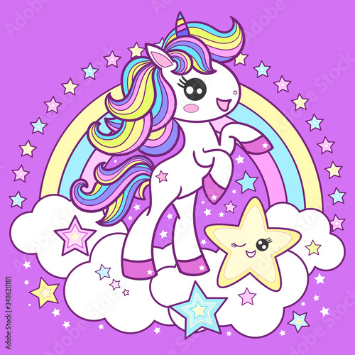 Cute, cartoon unicorn on a rainbow background. Children's illustration. Vector image