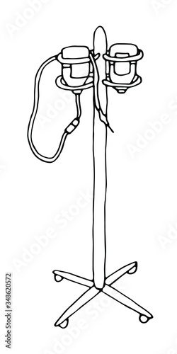 Medical intravenous dropper with vertical tripod and two bottles with medicines on white background. Vector doole illustration.