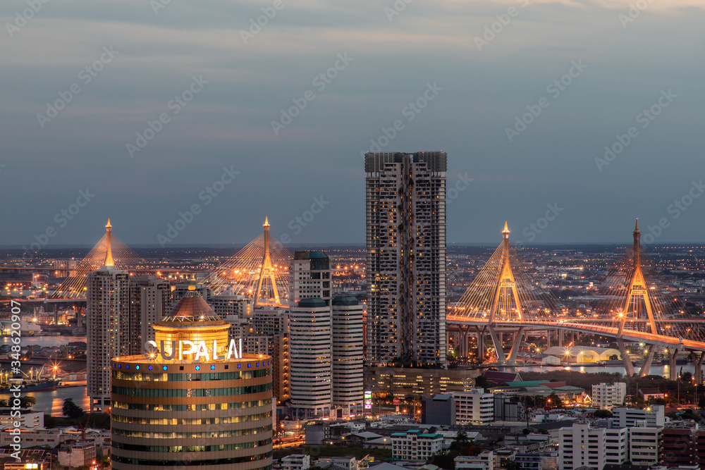 Scenic view of Bangkok with skyscrapers in the business district in Bangkok in the evening beautiful twilight give the city a modern style.