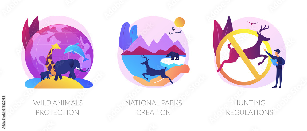 Wildlife defence, fauna care, environmental conservation. Wild animals protection, national parks creation, hunting regulations metaphors. Vector isolated concept metaphor illustrations.