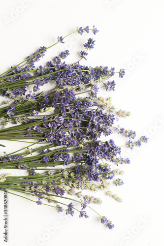 Closeup of a bunch of violet fresh and dried lavender flowers bouquets over white wood background.