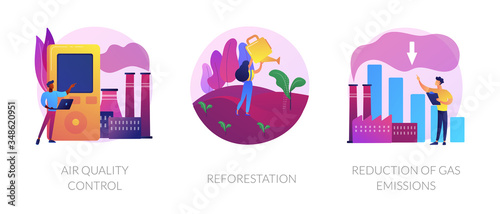 Environment protection measures, flora restoration, atmosphere purification. Air Quality control, reforestation, reduction of gas emissions metaphors. Vector isolated concept metaphor illustrations.