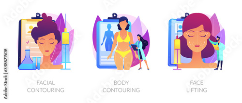 Cosmetological procedures, contour plastic, anaplasty, rejuvenation and weight loss. Facial contouring, body contouring, face lifting metaphors. Vector isolated concept metaphor illustrations.