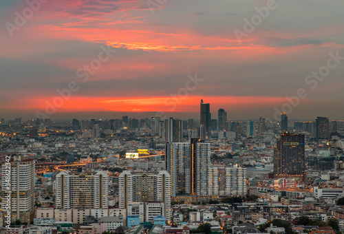 Sky view of Bangkok with skyscrapers in the business district in Bangkok in the evening beautiful twilight give the city a modern style.