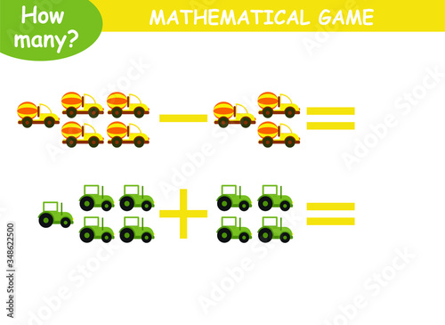 examples of addition and subtraction with cars. educational page with mathematical examples for children.