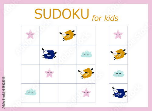 Sudoku for kids. Children's puzzles. Educational game for children. cartoon sheep, stars and moon