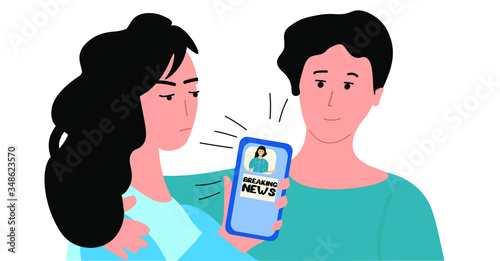 People listen and watch the latest news together. An agitated frowning woman is comforted by a calm positive man. Hand drawn don't panic concept illustration.