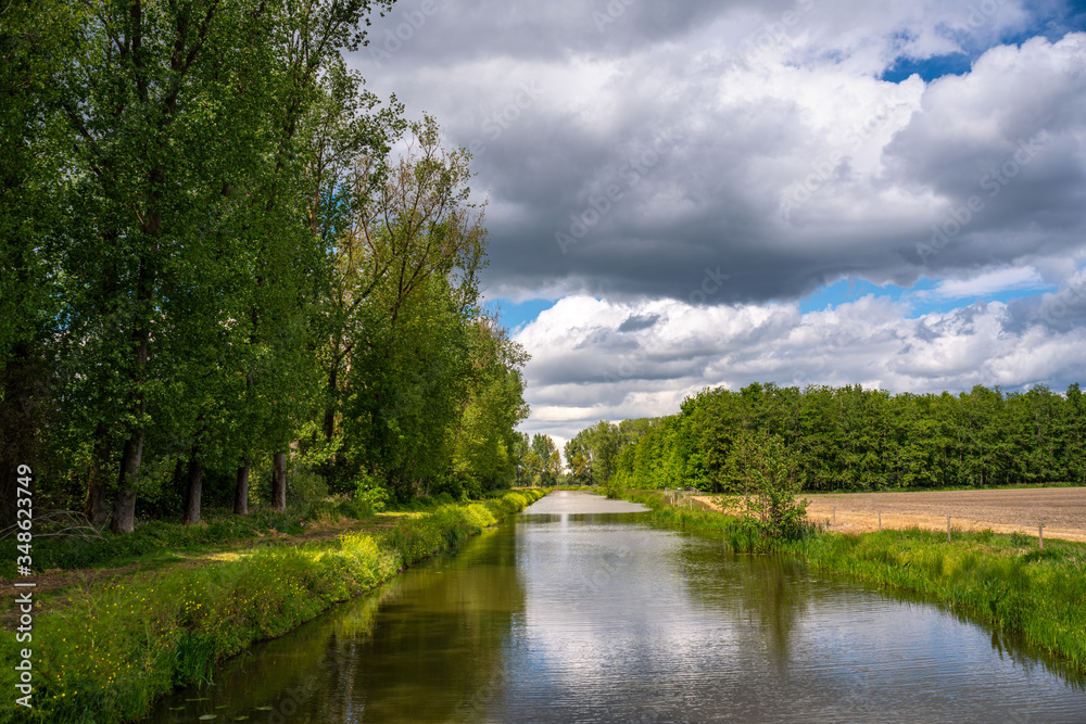 Canal with overhanging clouds and trees to the left in the spring. Farm land on the lefthandsite.