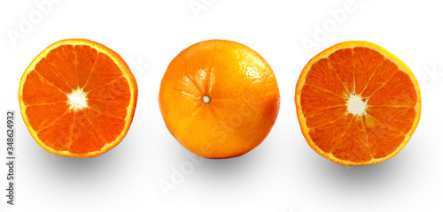 Orange fruits and oranges with half isolated on the white background.