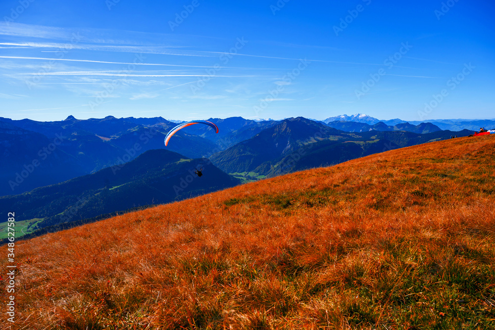Orange meadow and blue mountains with paraglider.