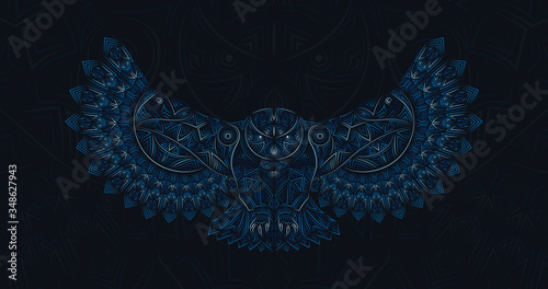 Owl digital art illustration. Authentic style picture, made in vector. Sharp-lined art. Strong bird looking fiercely.