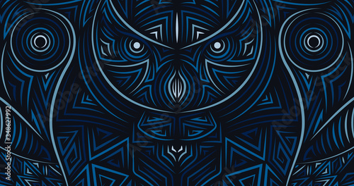 Owl head full screen digital art illustration. Authentic style picture, made in vector. Sharp-lined art. Strong bird looking fiercely.