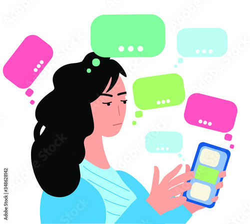 Agitated frowning woman reading spam infprmation in her mobil phone. Social network detox. Hand drawn time waster concept handdrawn vector illustration. 