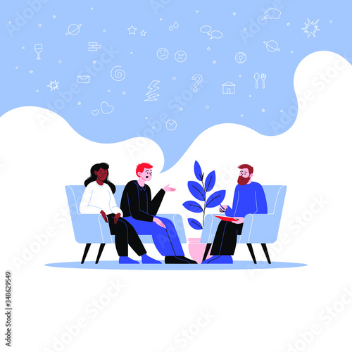 A coeple attending a therapy session with a male mental specialist. Family psychotherapy session. Conversation with a psychologist. Icons in the speech bubble