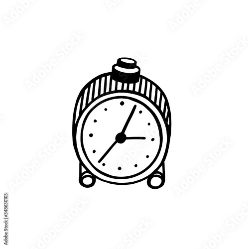 The alarm clock in the style of Doodle. Hand-drawn alarm clock. Clock. Isolated on a white background