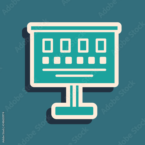 Green Eye test chart icon isolated on green background. Poster for vision testing in ophthalmic study. Snellen chart. Long shadow style. Vector