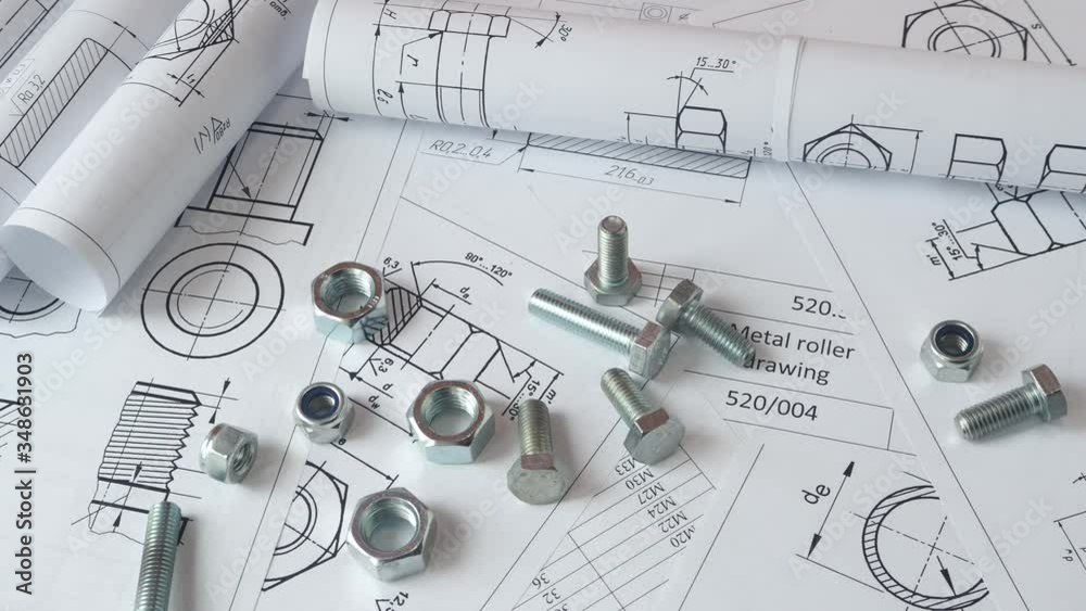 Technical drawings of bolt and nut. Engineering, technology and