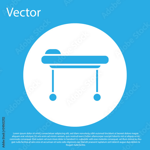 Blue Stretcher icon isolated on blue background. Patient hospital medical stretcher. White circle button. Vector
