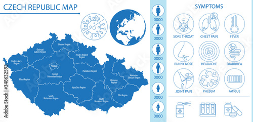 Map of Czech Republic with pictograms and icons of symptoms, Covid-19 and other respiratory diseases, vector illustration for infographics and posters