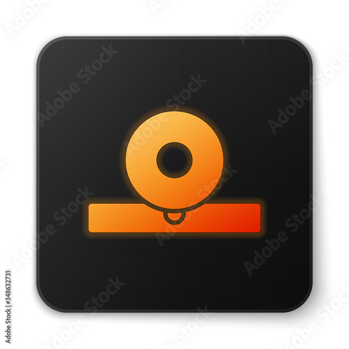 Orange glowing neon Otolaryngological head reflector icon isolated on white background. Equipment for inspection the patient's ear, throat and nose. Black square button. Vector