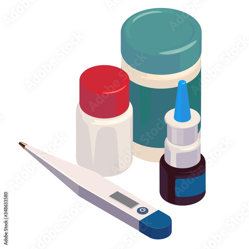Composition with pills, drags, madisine, termometr, antibiotics, cap, pharmacy medical illustration isometric vector isolated sick