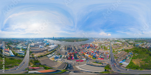 Photography 360 panorama by 180 degrees angle seamless panorama of aerial of container cargo ship in the export and import business and logistics international goods in urban city