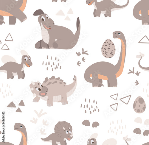 Dinosaur  great design for any purposes. Fabric wallpaper print texture. Funny cartoon character. Two dinosaurs and two eggs. Isolated seamless background pattern. Childish vector illustration.